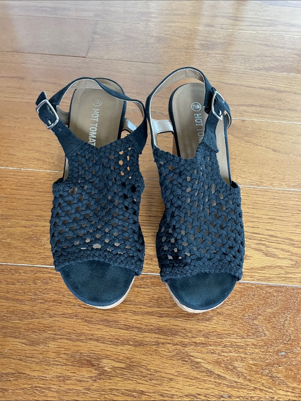 Woven Open-Toe Slingback Wedge Sandals - Black 7.5